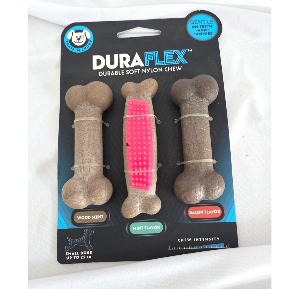 Chase N Chomp Duraflex Durable Soft Dog Chew Bones 3 Pack Small/Medium Dogs